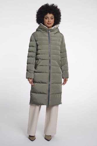 Rino & Pelle Keilafur Misty Basil Light Leopard Long Padded Hooded Coat