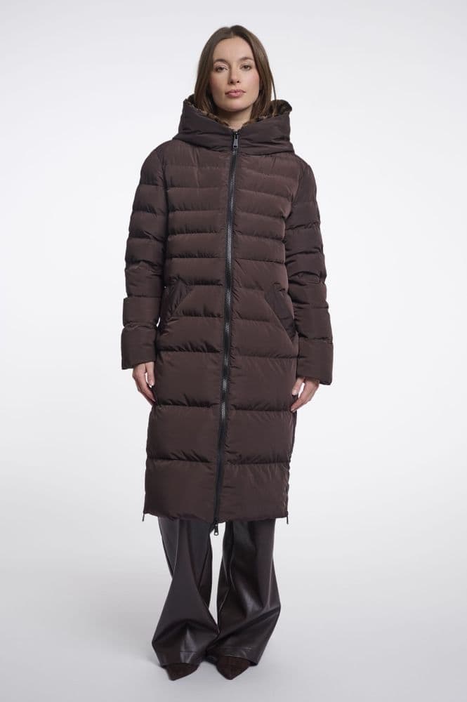 Rino & Pelle Keilafur Peated Brown Leopard Long Padded Hooded Coat