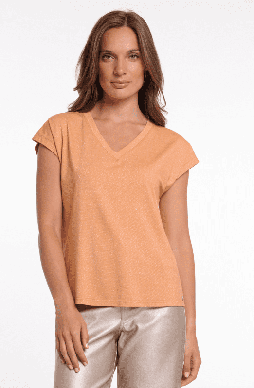 Rino & Pelle Kristel Cap Sleeve top with Rounded Neckline in Cantaloupe