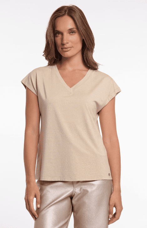 Rino & Pelle Kristel Cap Sleeve Top with Rounded Neckline in Light Bark