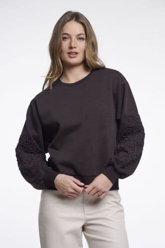 Rino & Pelle Manar Coffee Roast Crew Neck Sweater with Applicated Sleeves