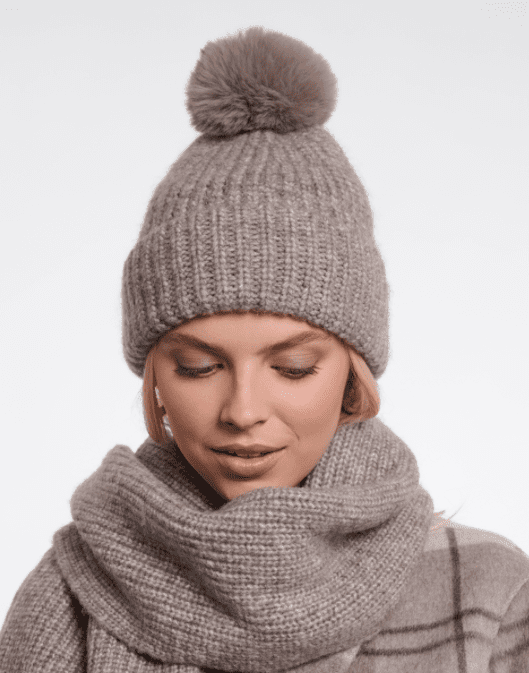 Rino & Pelle Nancy Beanie with Pompon and Fleece in Toffee Blend