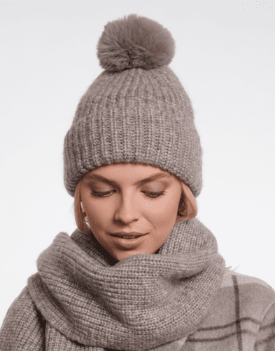 Rino & Pelle Nancy Beanie with Pompon and Fleece in Toffee Blend