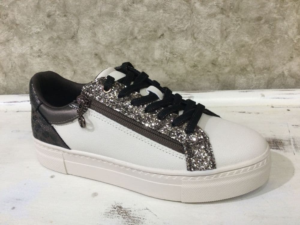 Tamaris 23313-41 Ivory/Bronze/Glitter Mix Lace and Zip Up Trainer