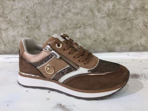 Tamaris 23726-43 Cognac/Glitter Mix Zip and Lace Up Trainer