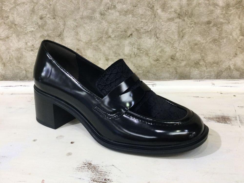 Tamaris 24464-45 Black Patent/Fabric Mix Heeled Loafer