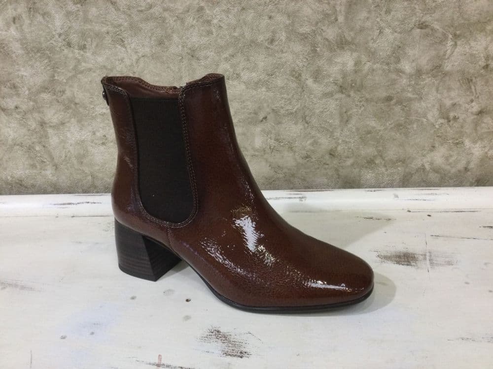 Tamaris 25327-45 Cognac Patent Zip Up Block Heeled Ankle Boot