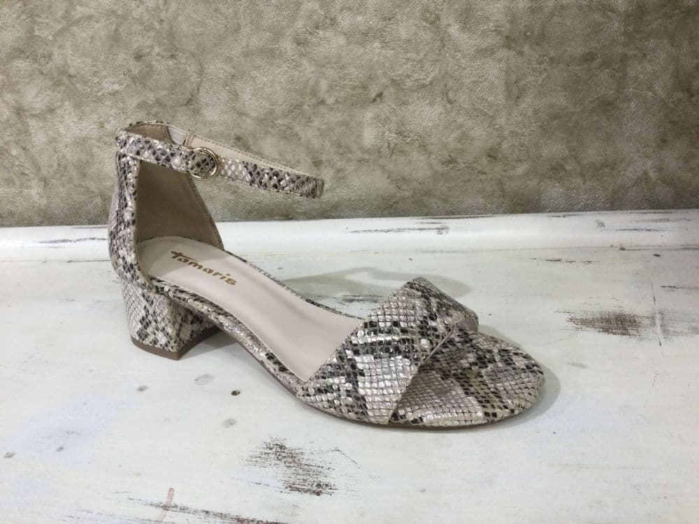 Tamaris 28201-42 Beige Snake Ankle Strap Block Heel Sandal