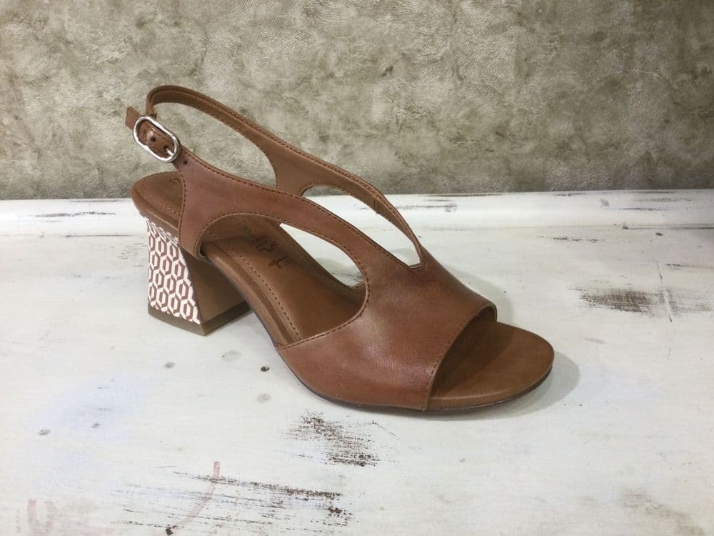 Tamaris 28316-44 Tan Heeled Sandal with Patterned Heel