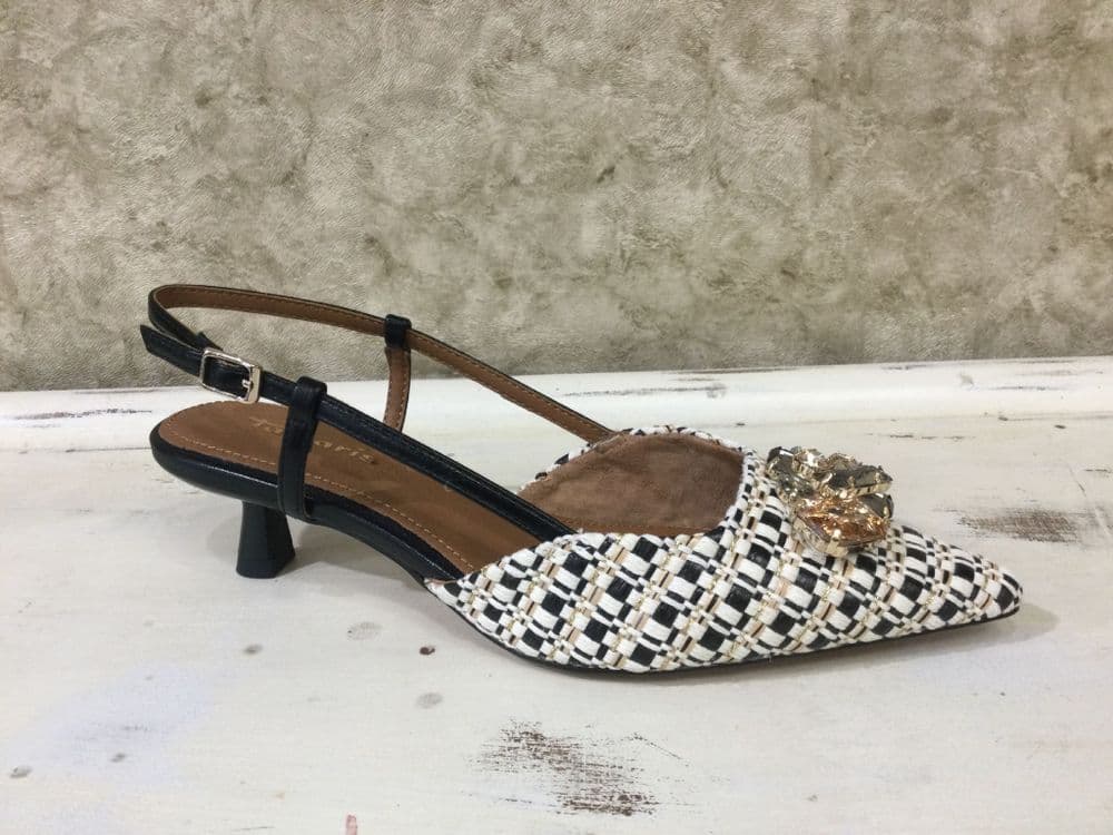 Tamaris 29512-46 098 Black Kitten Heel Sling Back Jewel Detail