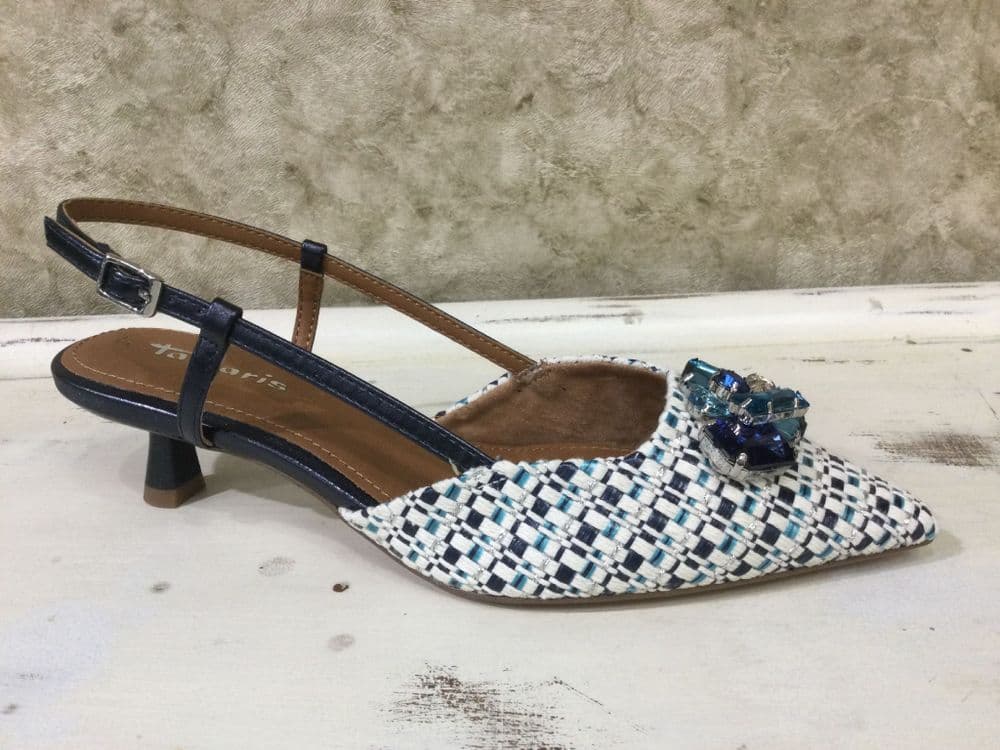 Tamaris 29512-46 Navy Slingback Kitten Heel with Blue Jewel Detail