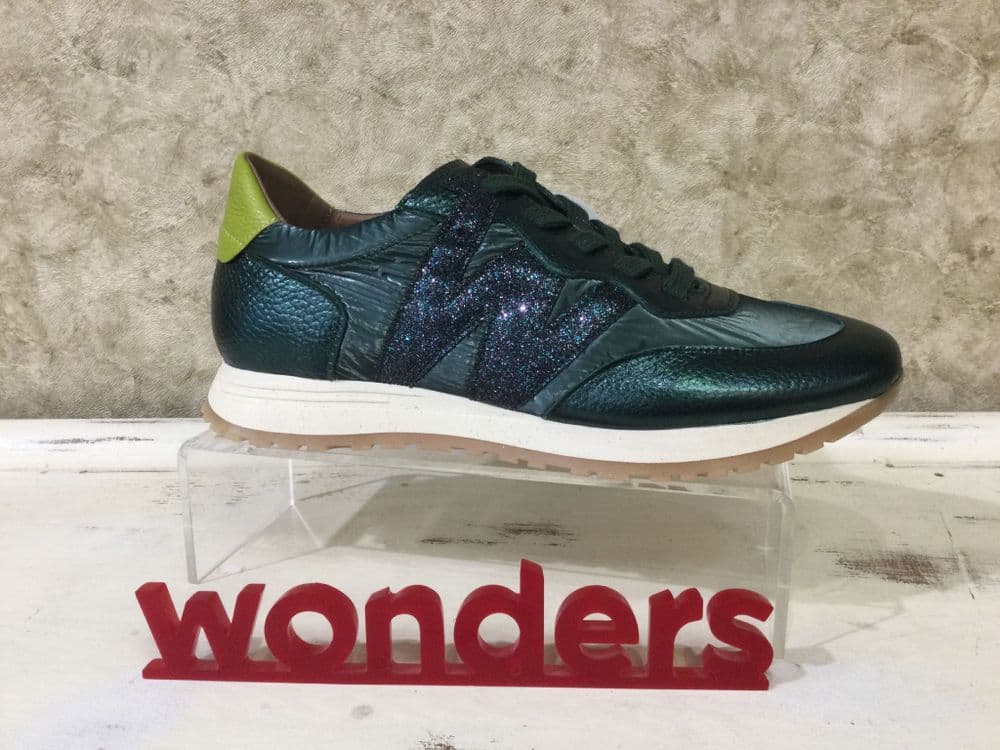 Wonders A4810 Green Metallic Mix Lace up Trainer