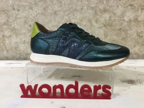 Wonders A4810 Green Metallic Mix Lace up Trainer
