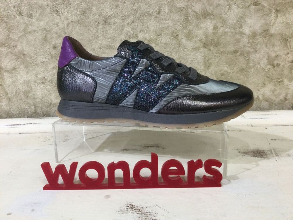 Wonders A4810 Pewter Metallic Mix Lace up Trainer