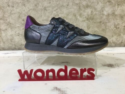 Wonders A4810 Pewter Metallic Mix Lace up Trainer