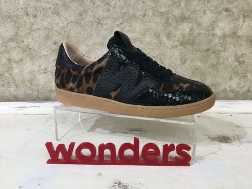 Wonders AP2010 Black/ Leopard Mix Lace up Trainer