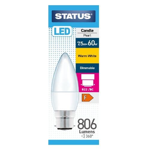 DIMMABLE Status 7.5W (=60W) BC Candle Opal Warm White LED Light Bulb