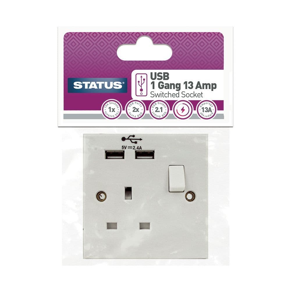 Status 13A 1 Gang Switched Wall Socket With 2 x USB A Sockets