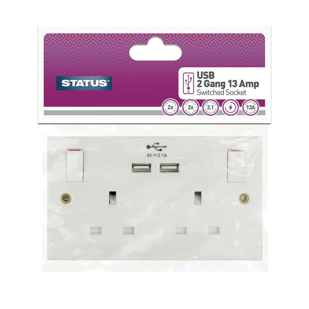 Status 13A 2 Gang Switched Wall Socket With 2 x USB A Sockets