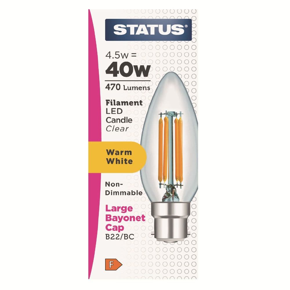 Status 4 5w 40w BC Candle Filament Warm White LED Light Bulb