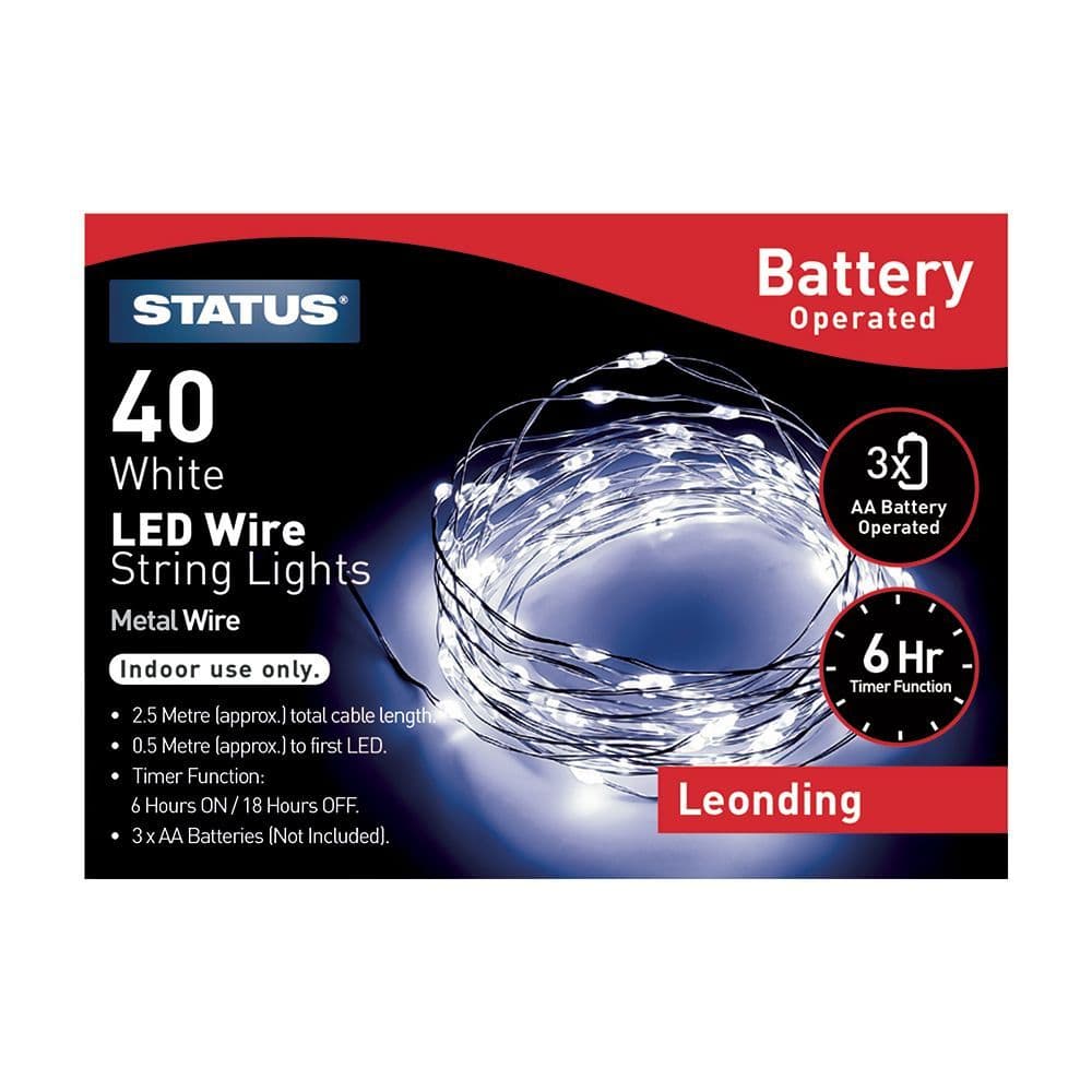 Status 40 Battery Operated LED Wire String Lights WHITE
