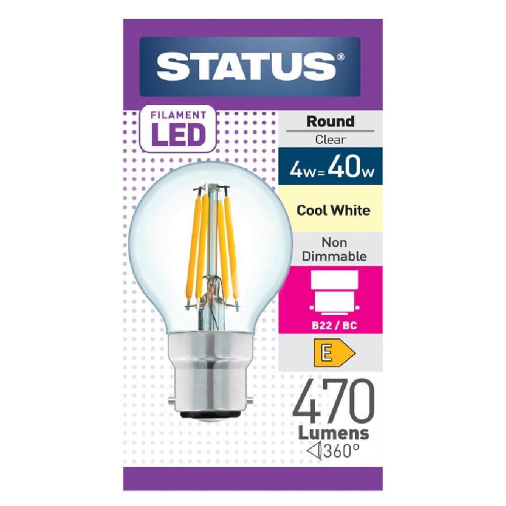 Status 4w 40w BC Round Filament Cool White LED Light Bulb