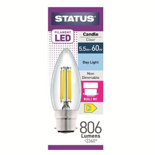 Status 5.5w (=60w) BC Candle Filament LED DAYLIGHT