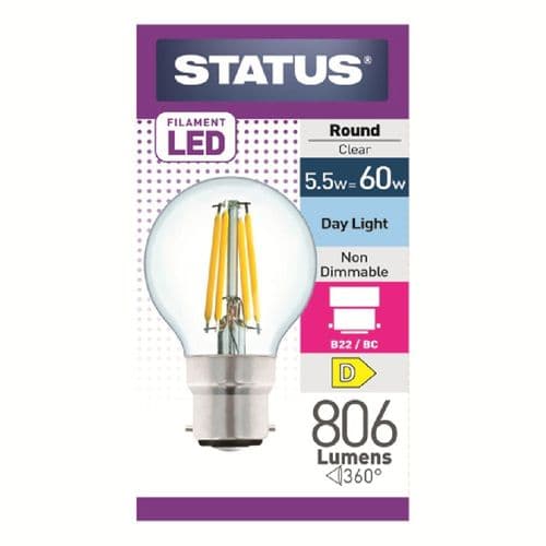 Status 5.5w (=60w) BC Round Filament LED DAYLIGHT