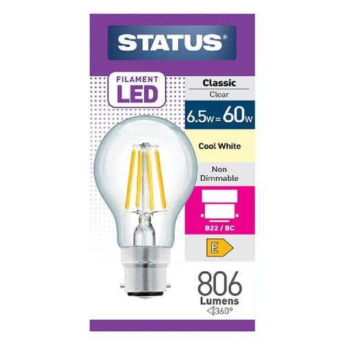 Status 6.5w (60w) BC GLS Filament Cool White LED Light bulb