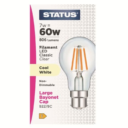 Status 7w (60w) BC GLS Filament Cool White LED Light bulb