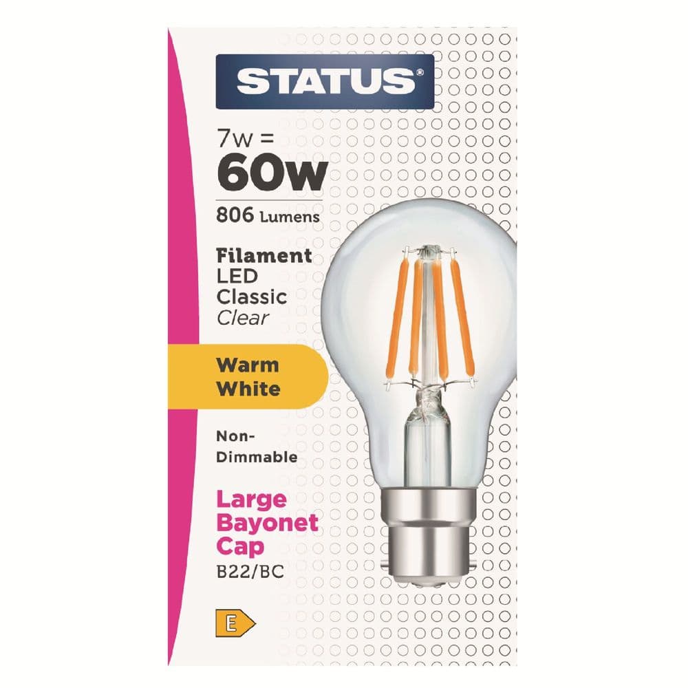 Status 7w 60w BC GLS Filament Warm White LED Light Bulb