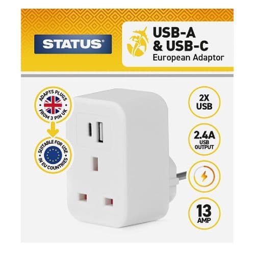 Status UK to European Travel Adapter With USB-A + USB-C