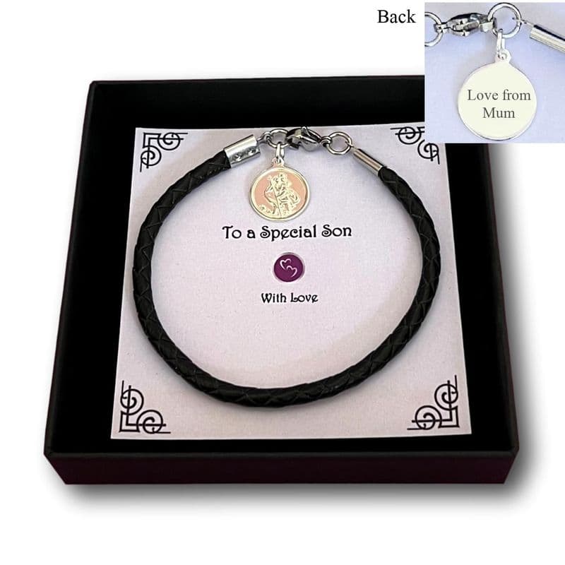 925 Silver Saint Christopher on Leather Bracelet for a Man or Boy | Charming Engraving