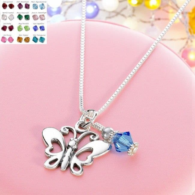 925 Sterling Silver Butterfly and Birthstone Dangle Necklace | Charming Engraving