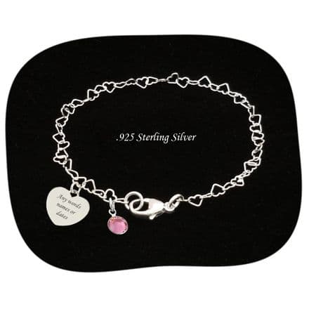 925 Sterling Silver Chain and Birthstone Bracelet, Engraving on Heart