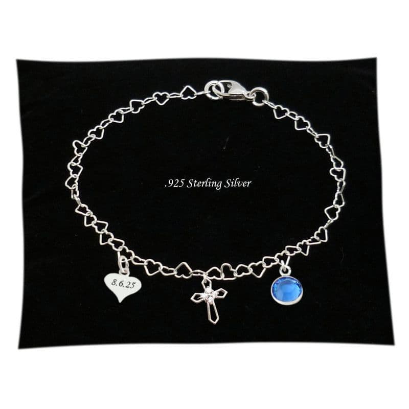 925 Sterling Silver Heart Chain Bracelet with Personalised Engraving, Birthstone & Cross Charms| Charming Engraving