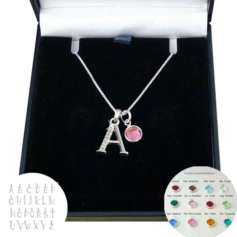 925 Sterling Silver Letter and Birthstone Necklace. | Charming Engraving