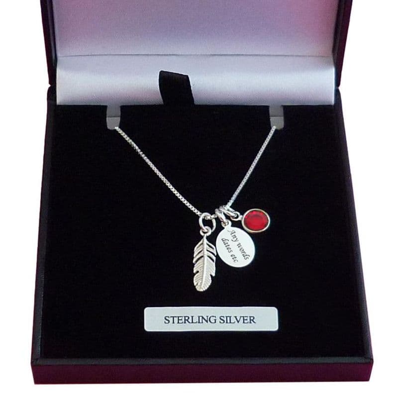 925 Sterling Silver Necklace with Feather, Birthstone, Engraving | Charming Engraving