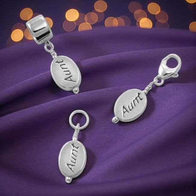 Aunt Charm, Sterling silver on Lobster Clasp, Split Ring or Bail | Charming Engraving