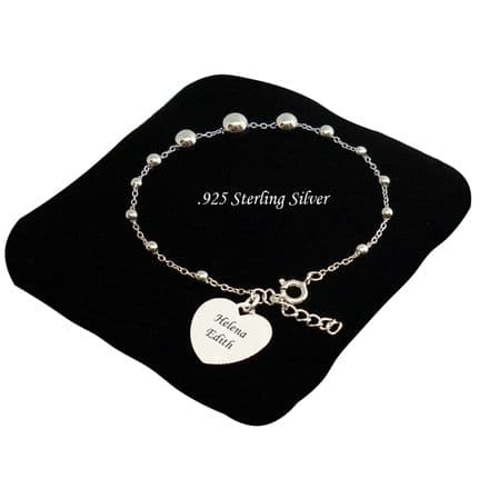 Beaded Stg Silver Bracelet with Engraved Heart