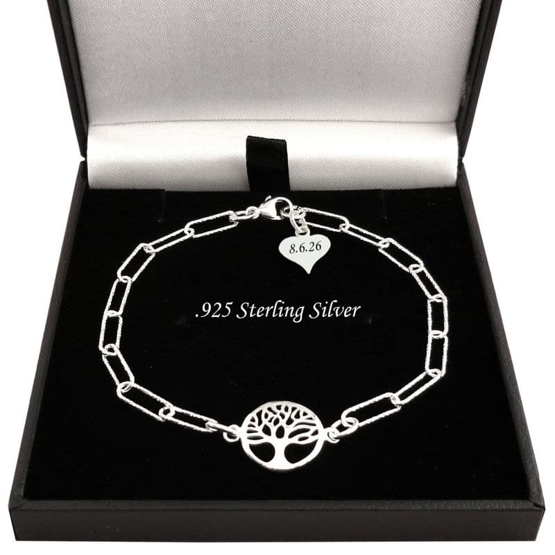 Beautiful Sterling Silver Chain Bracelet with Engraved Heart and Tree of Life | Charming Engraving