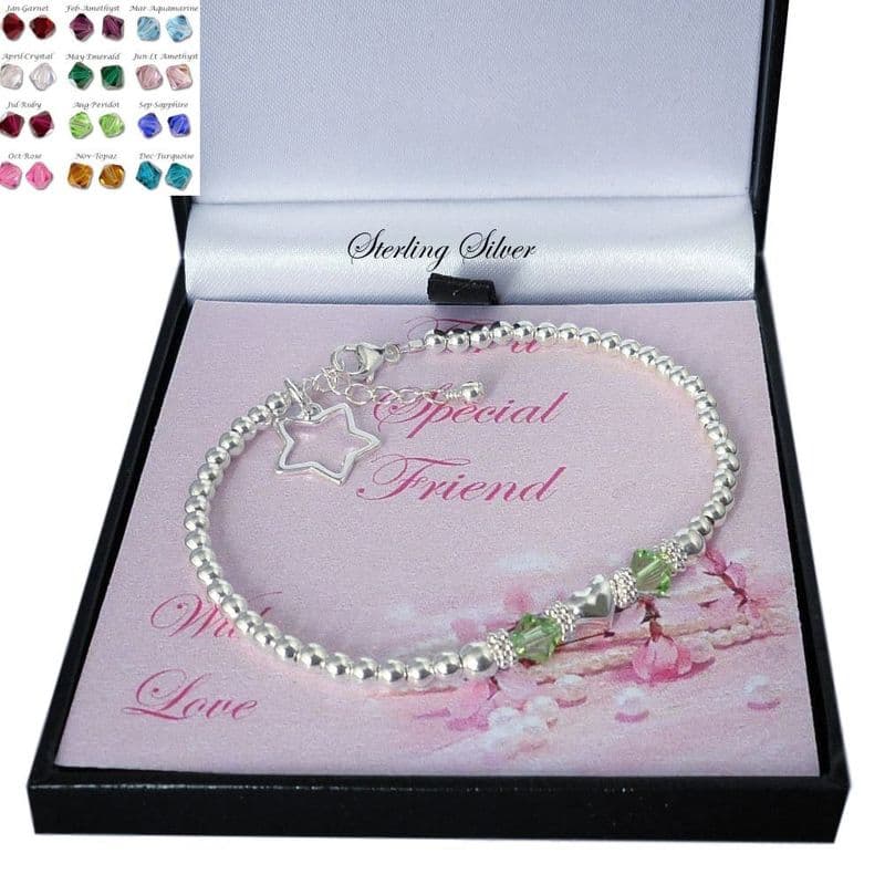 Birthstone and Star Bracelet, 925 Silver Beads, for Women or Girls| Charming Engraving