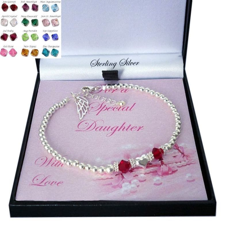Birthstone and Wing Bracelet, 925 Silver Beads, for Women or Girls| Charming Engraving