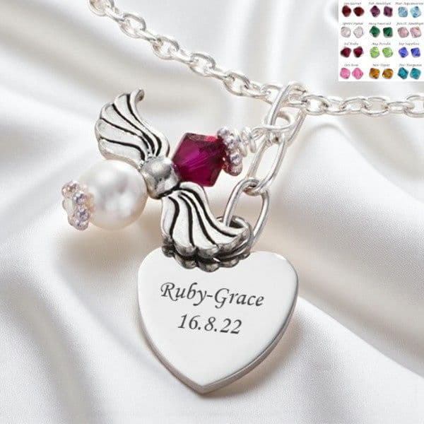 Birthstone Angel Necklace with Engraving | Charming Engraving