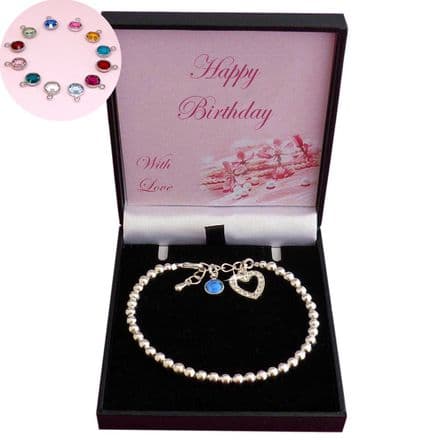 Birthstone Bracelet with Rhinestone Heart Charm for Girls or Women