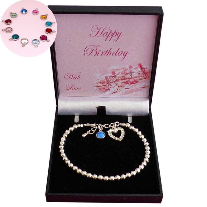 Birthstone Bracelet with Rhinestone Heart Charm for Girls or Women| Charming Engraving