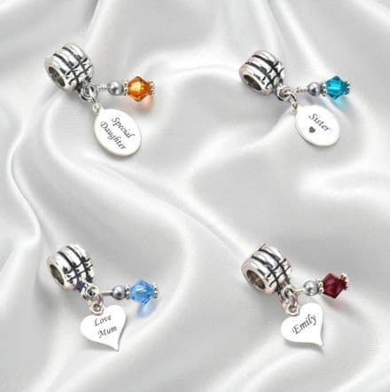 Birthstone Charm, Stg Silver Engraved Tag, fits Pandora