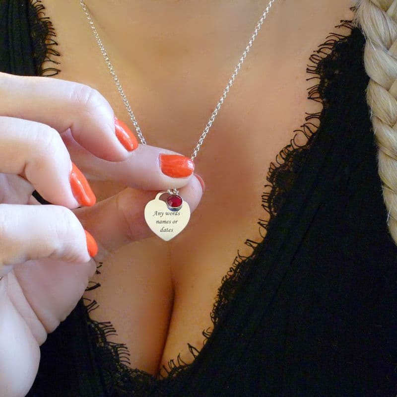Birthstone Necklace, Engraved, 925 Sterling Silver Heart Necklace| Charming Engraving