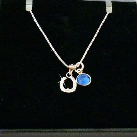 Birthstone Necklace with Horseshoe, Sterling Silver| Charming Engraving