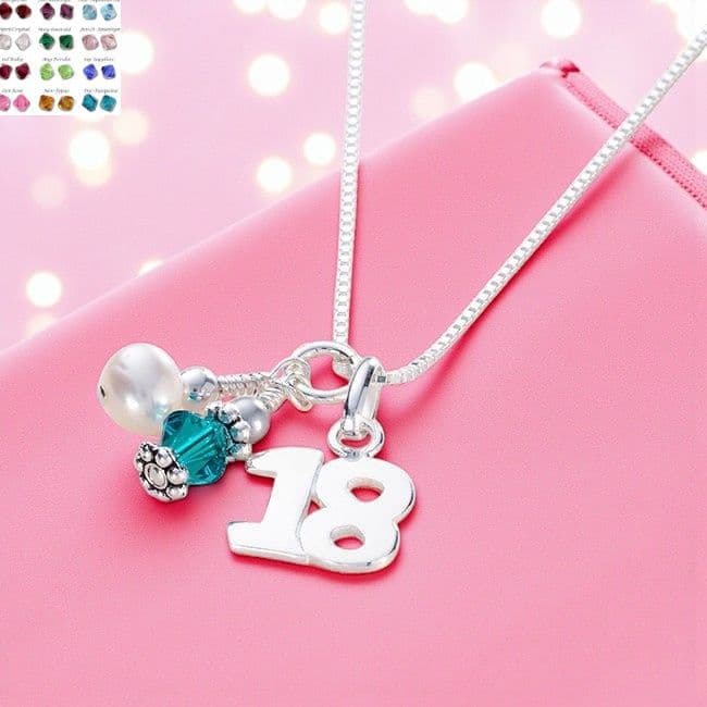 Birthstone Necklace with Sterling Silver '18' Pendant | Charming Engraving